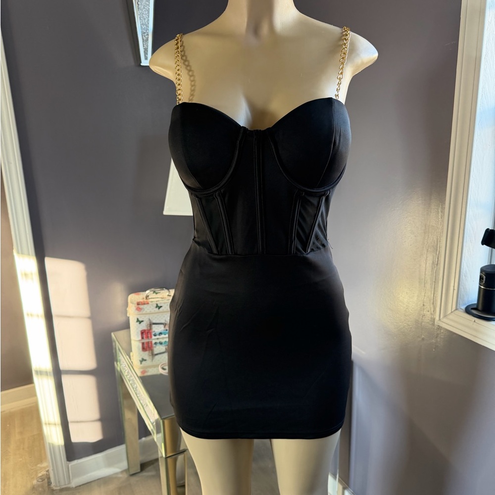 Say What? Black Mini Dress with Gold Chain Straps